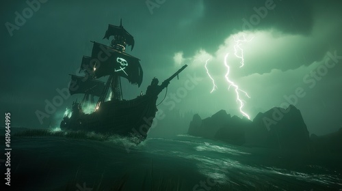 Dark pirate ship in a stormy sea.