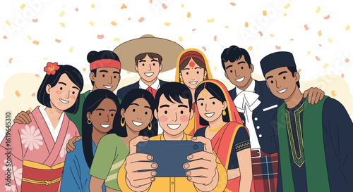 Diverse group of people in traditional clothing taking a selfie.