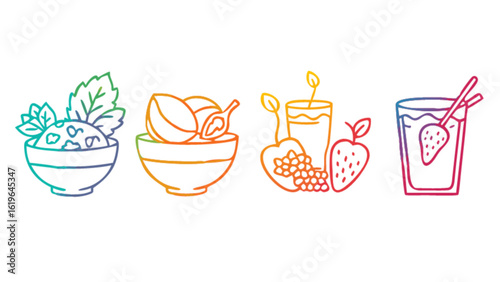 Illustration of bowls with fresh fruits and smoothies in vibrant gradient colors, isolated on white background, showcasing a healthy and refreshing food concept for menus and product labels