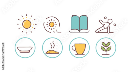 Collection of wellness icons isolated on white background, featuring symbols of healthy habits, mindfulness, and selfcare, perfect for promoting a balanced and fulfilling lifestyle