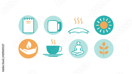 Collection of wellness icons isolated on white background, featuring symbols of relaxation, mindfulness, and healthy living, perfect for promoting a balanced and peaceful lifestyle