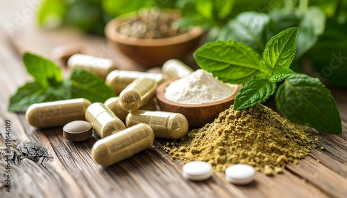 Herbal supplements on wooden surface