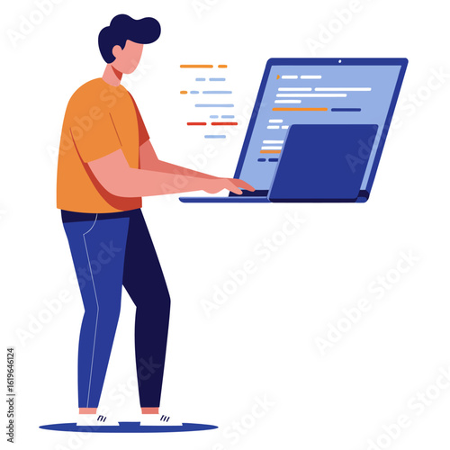 Standing programmer coding on laptop. Modern education illustration