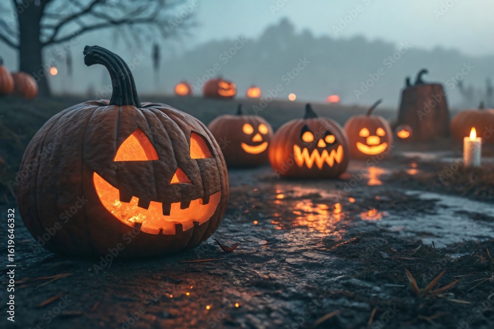 Spooky jack o lanterns glow in a misty autumn evening Spooky jack o lanterns glow in a misty autumn evening
