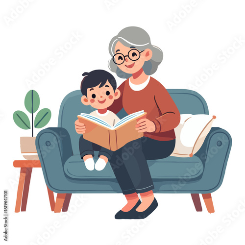 Grandmother Reading Book with Grandchild Sitting on Blue Couch Indoors