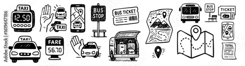Doodle vector set of public transport and travel icons – taxi, ticket, bus, GPS, map in black and white sketch style