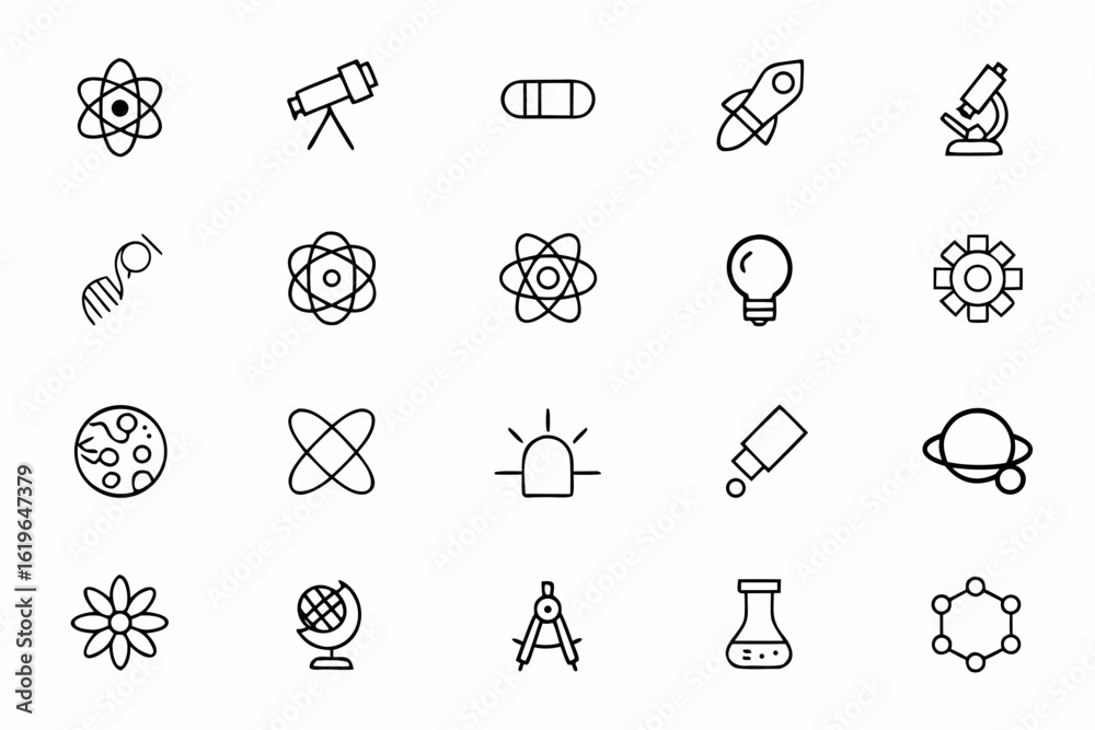 Fototapeta premium A modern line-art bundle celebrating core scientific tools and symbols — ideal for schools, STEM campaigns, and editorial illustrations