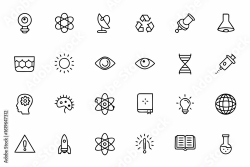 A minimalist science-themed line collection blending abstract thinking with iconic research visuals — perfect for science websites, infographics, and educational platforms.