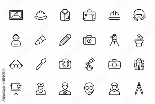 A minimalist single-line vector set showcasing iconic tools and symbols of different professions — perfect for infographics, CV templates, and career-focused websites