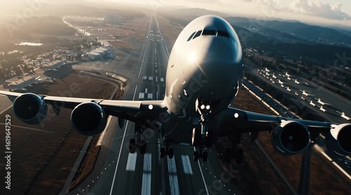 airliner just lifting off the ground, wheels retracting, runway below visible with taxi markings, crisp shadows,4k