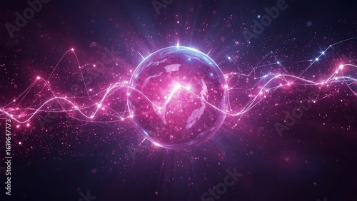Gamified Learning. Glowing purple globe with neon light waves futurist