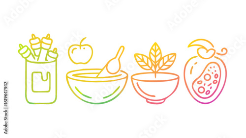 Illustration of mortar and pestle, apple, herbs, and strawberry isolated on white background, representing natural medicine and healthy ingredients with colorful gradient design