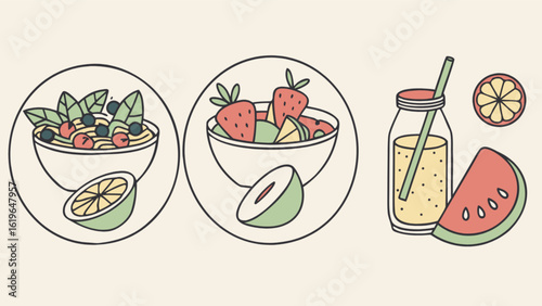 Illustration of fruit salad and juice isolated on white background, showcasing a healthy and refreshing summer treat with fresh ingredients, perfect for a nutritious breakfast, lunch, or dessert