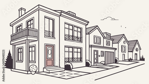 A row of houses showcasing residential architecture and suburban living, highlighting real estate and property design, with a focus on family homes and community development, under a bright sky