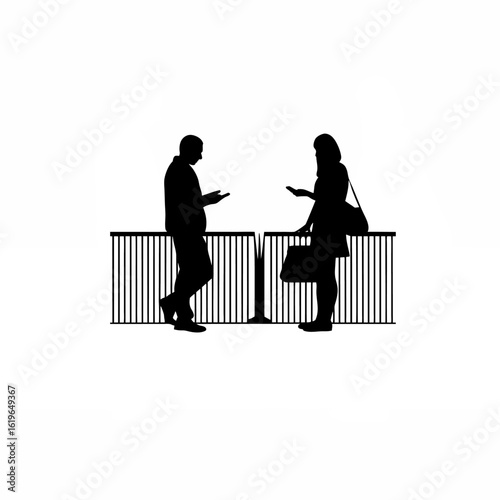Silhouette of two people talking softly while queuing