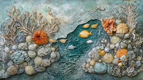 Detailed artwork of a coral reef scene, with various marine life and coral formations depicted in a textured, three-dimensional style.