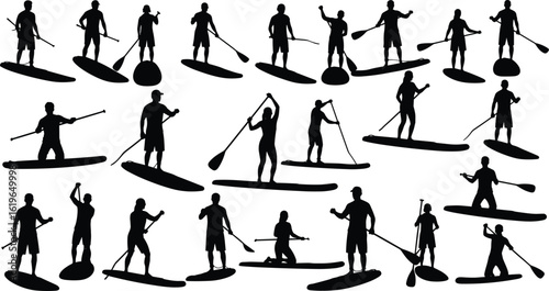 Stand up paddleboarding silhouettes, paddle board vector people, water sport black figures, outdoor activity poses, SUP surfing clipart design