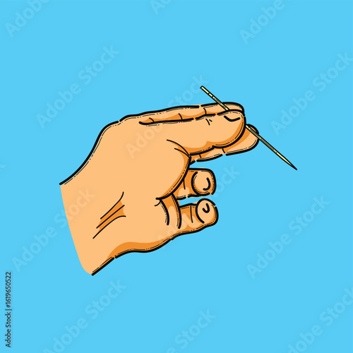 Illustrated Hand Holding a Toothpick on a Blue Background