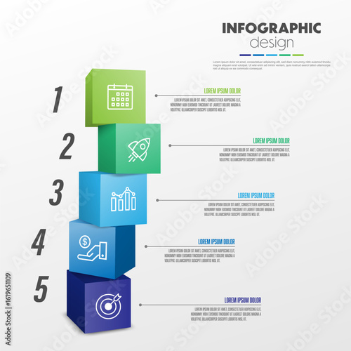 Stacked cubes infographic timeline presentations and business concept charts with 5 options