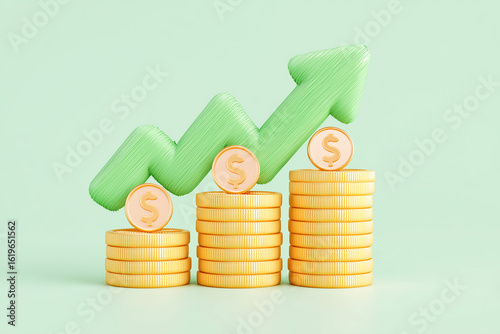 3d illustration of Financial Growth 3D Concept with Gold Coins, Up Arrow, and Wealth for Investment Success,Stack of coin with trading graph