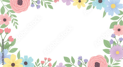 Floral frame background in flat vector illustration style, colorful flowers and green leaves around the edges, white center space, soft pastel color palette
