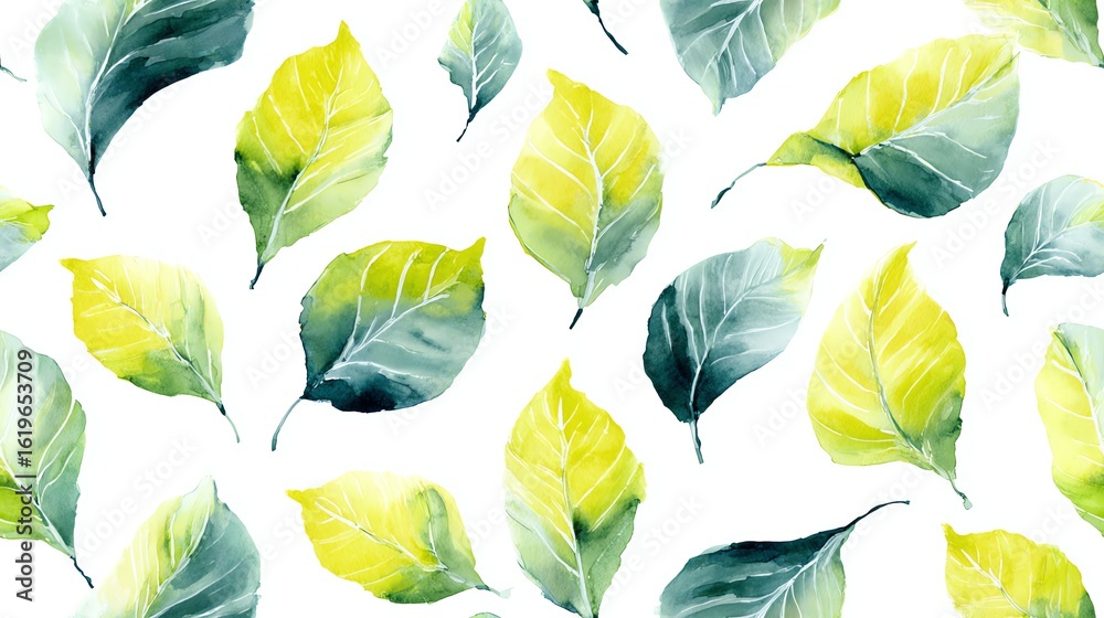 Obraz premium Seamless Vibrant watercolor leaves in green and yellow on a white background.