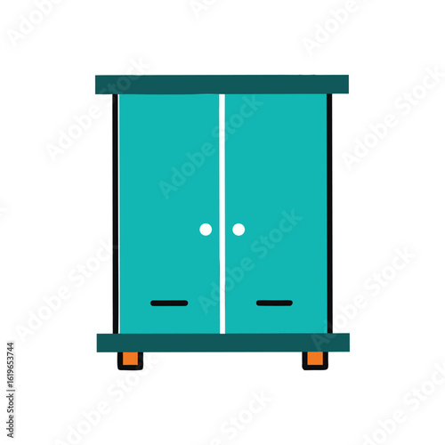Teal wardrobe icon with hanging clothes on white closet