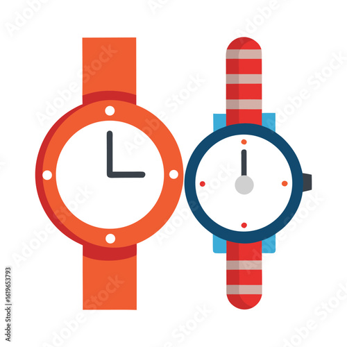 Two illustrated wristwatches with orange and striped bands