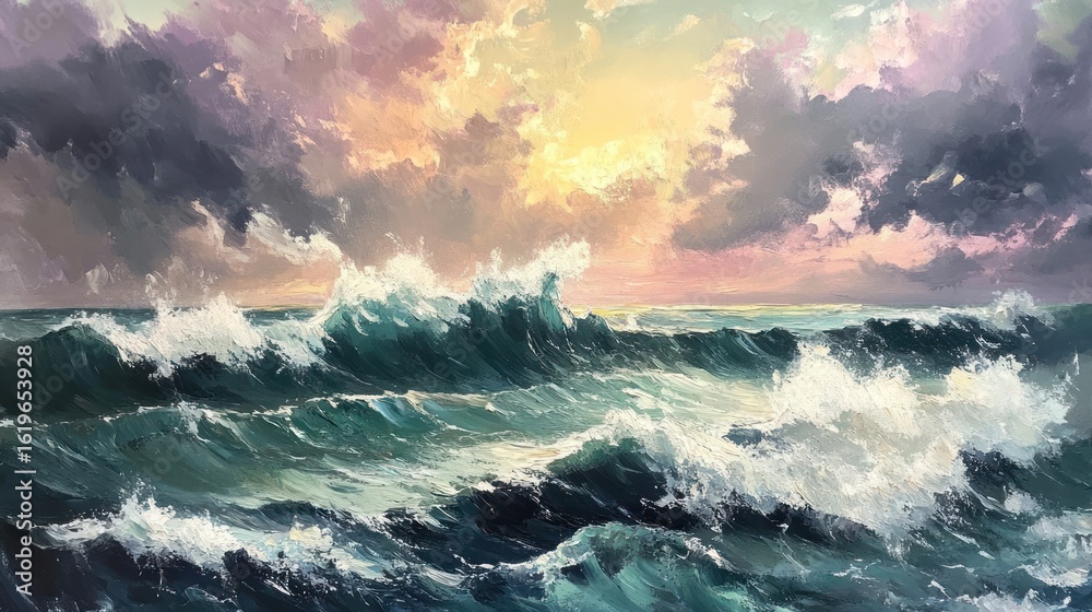 Fototapeta premium Dramatic ocean waves crashing at sunset.