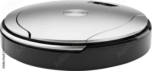 Round robotic vacuum cleaner with brushed metal top and black base isolated on black transparent background