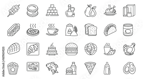 Seamless Pattern of Food Icons in Outline Style on White Background for Design | Ai Generated Icon