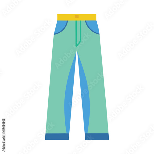 Flat design mint green trousers with blue pockets and yellow waistband