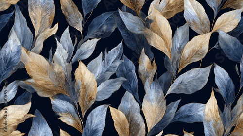 Seamless Elegant botanical leaves pattern on a dark background, perfect for textiles and decor.