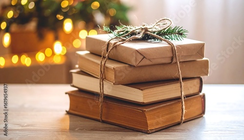 A stack of books wrapped in brown paper sits on a wooden table with a Christmas tree in the background
