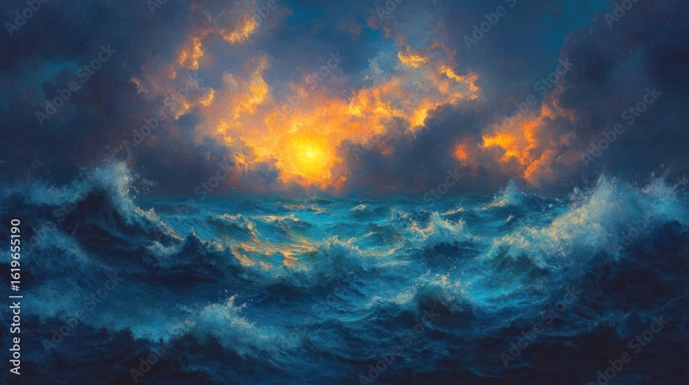 Obraz premium Dramatic sunset over a stormy ocean.