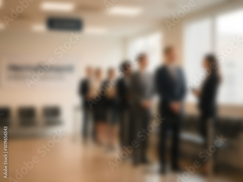blurry image of recruitment and waiting in line for interview with hiring process and employment opportunity. Job seeker or impatient in row for HR meeting