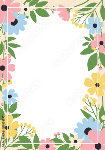 Floral frame background in flat vector illustration style, colorful flowers and green leaves around the edges, white center space, soft pastel color palette