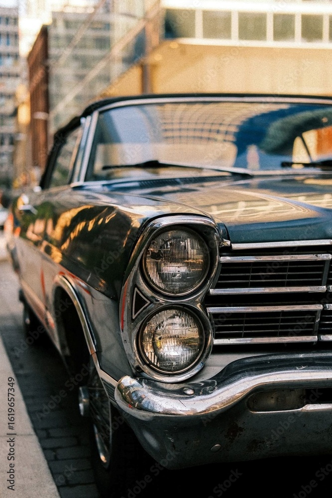 Fototapeta premium A vintage car with chrome front and round headlights is parked on an urban street. The vehicle's dark paint reflects nearby modern buildings, showcasing a juxtaposition of classic design.