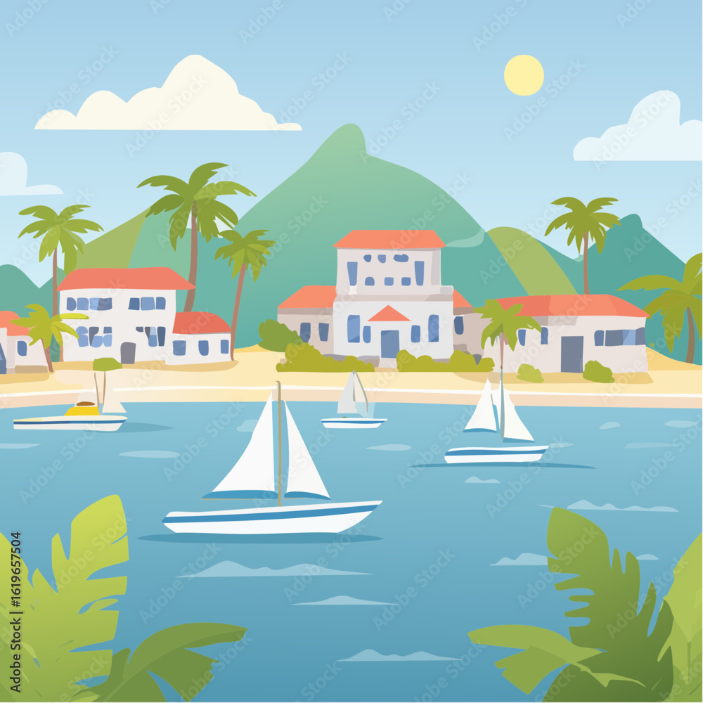 Obraz premium Tropical Island cityscape with caribbean small town, palms, green trees, yachts and blue sea