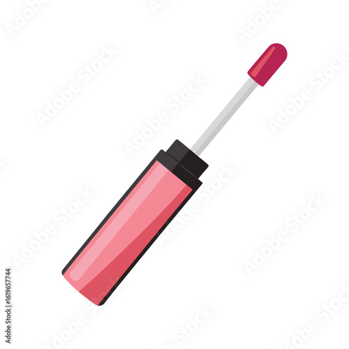 Pink lip gloss tube with applicator on white makeup