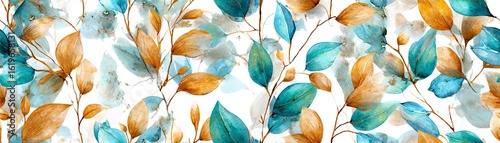 Seamless Colorful leaf pattern, watercolor style, seamless design, white isolated background.