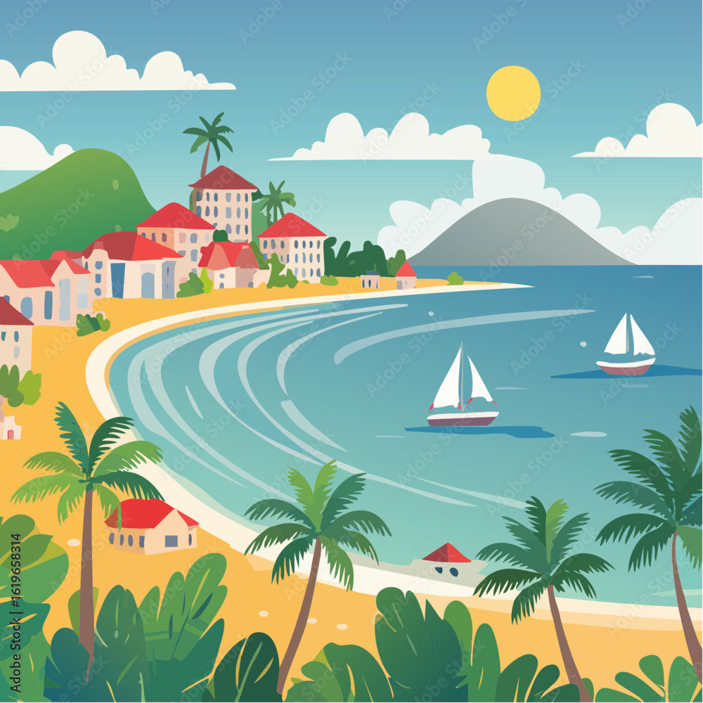 Obraz premium Tropical Island cityscape with caribbean small town, palms, green trees, yachts and blue sea