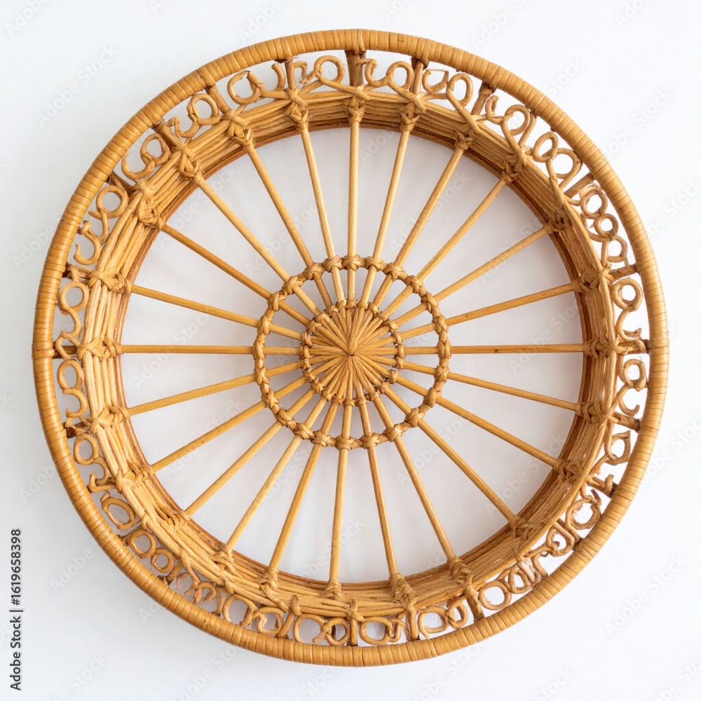 Obraz premium Round Wicker Basket with Intricate Woven Design on White Background