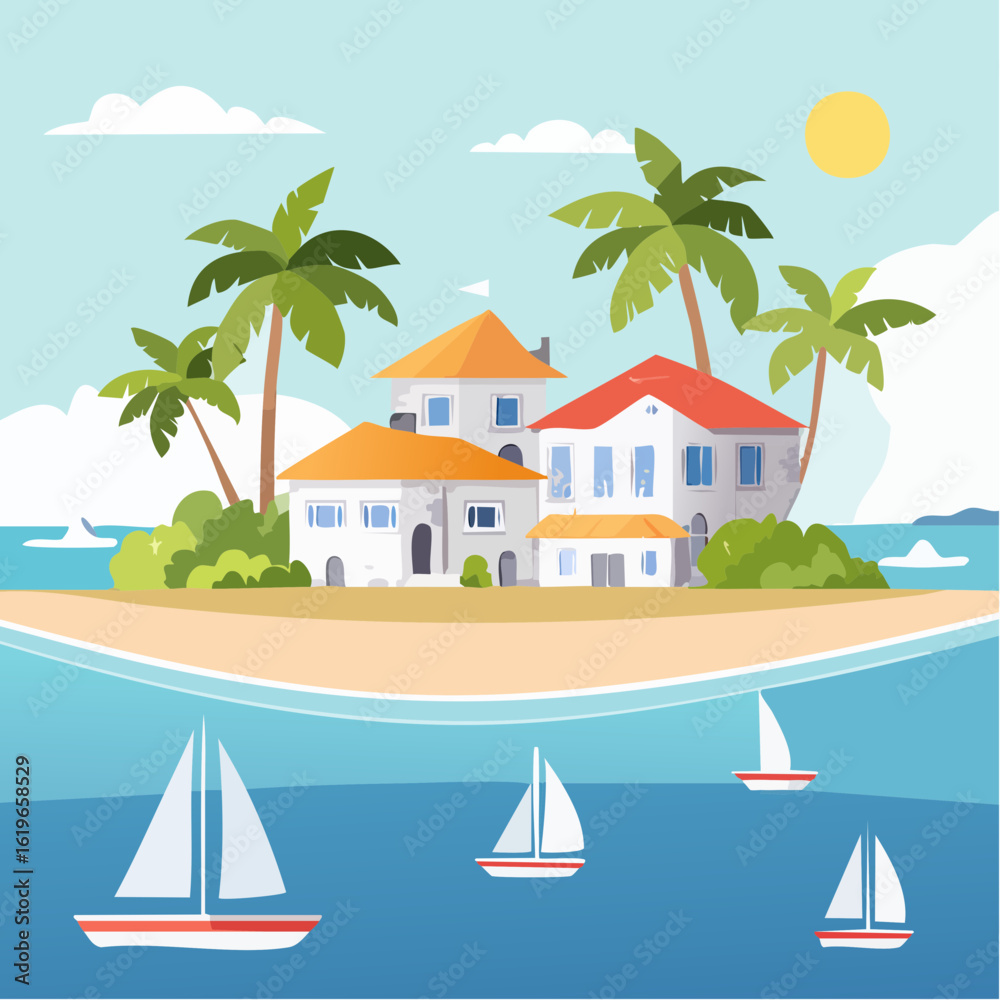 Obraz premium Tropical Island cityscape with caribbean small town, palms, green trees, yachts and blue sea