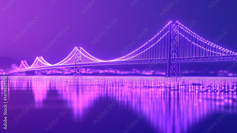 Obraz premium Neon Purple Bridge City Lights Reflected in Water, night, cityscape
