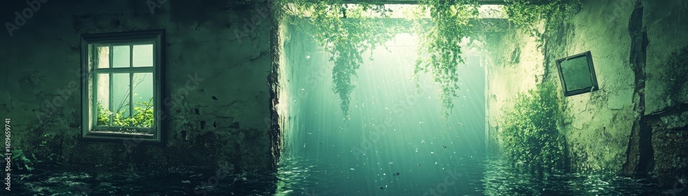 Fototapeta premium Overgrown Ruin Window to Nature's Return, Abandoned , Decay