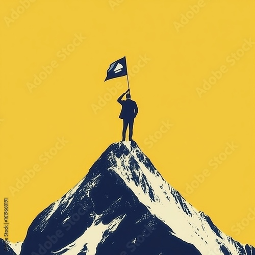 Summit Flag Man on Mountain Peak with Pennant, Success , Leadership