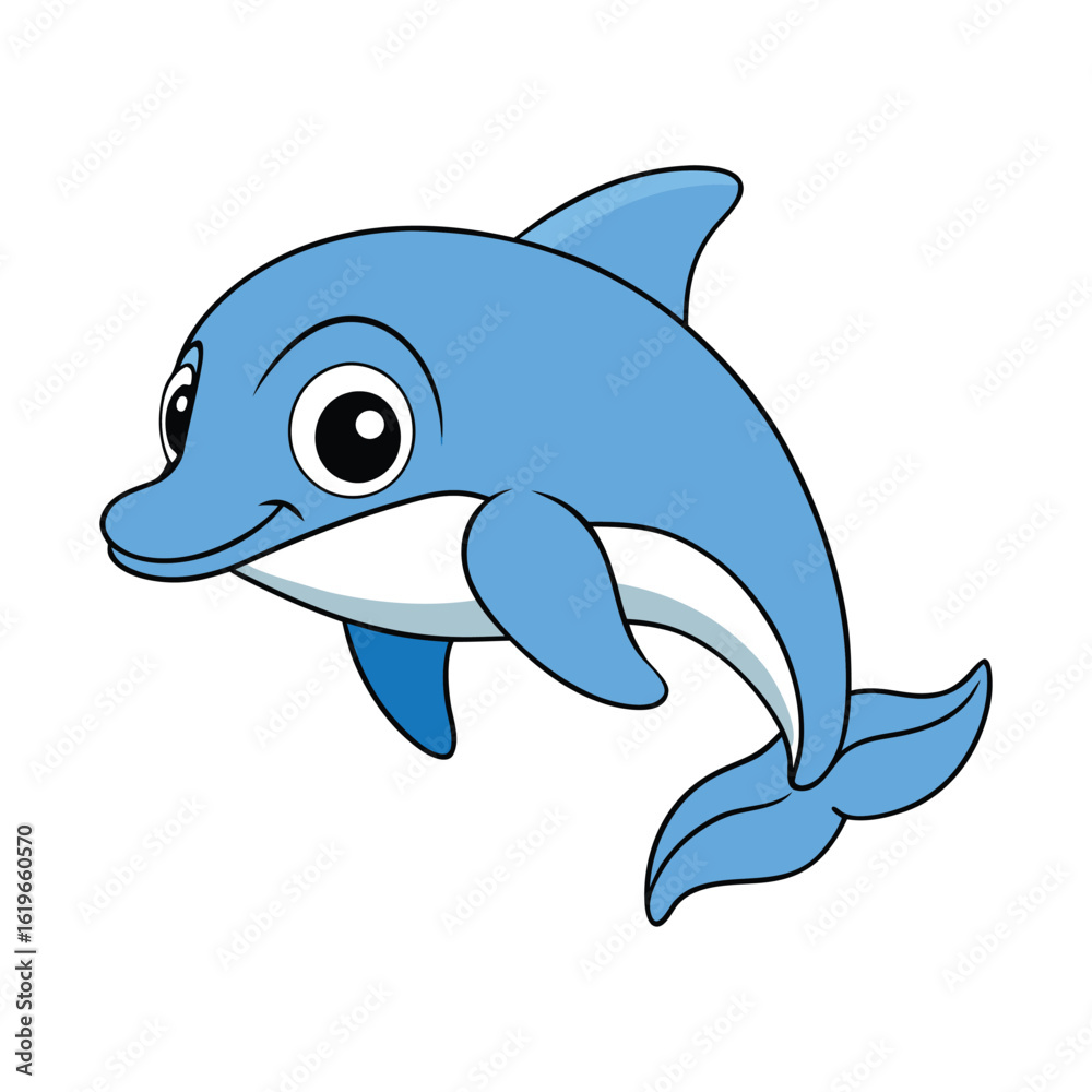 Naklejka premium Blue cartoon dolphin with big eyes on white background