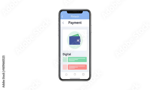 Fintech concept with a mobile payment application on a smartphone. Digital wallet icon on the screen for online transactions.