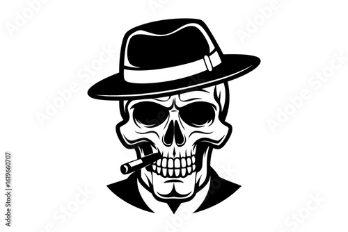 Stylized skull wearing a fedora and smoking a cigar in a suit